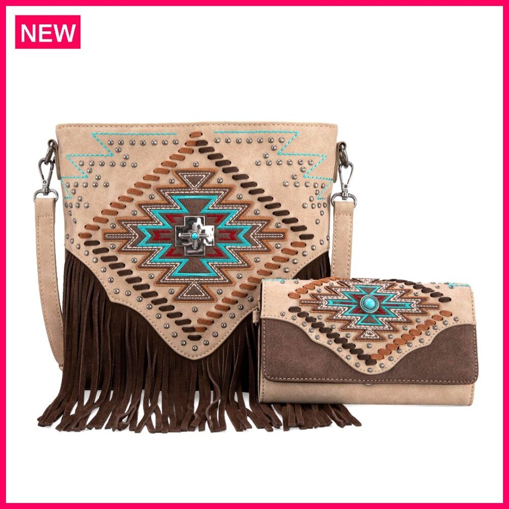 Aztec Western Crossbody Bag with Wallet Set, Fringe Trim, Top Zipper Closure